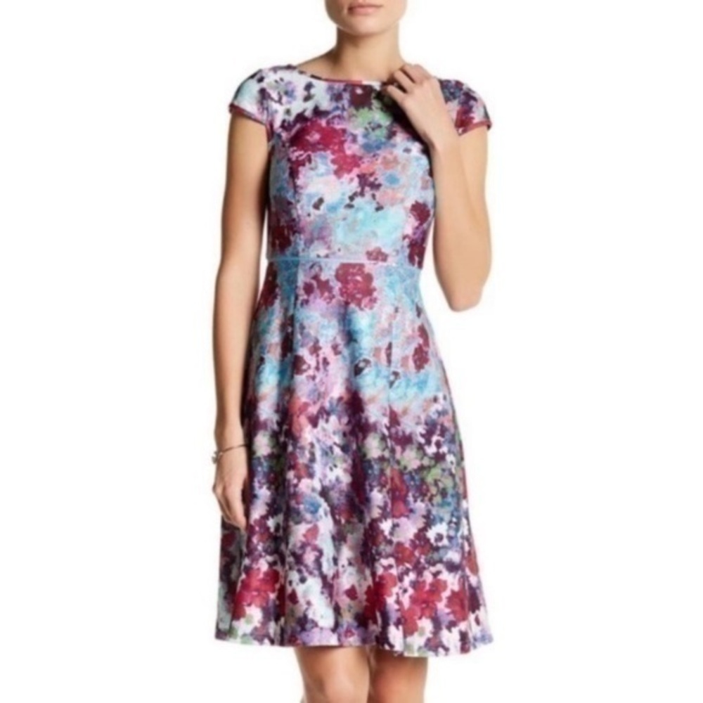Adrianna Papell Watercolor flowers cap sleeve A-Line dress | Sz 10P